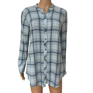 J. Jill cotton blend seafoam button down shirt top blouse cozy Blue Plaid Sz S